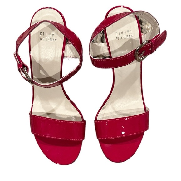 STUART WEITZMAN RED PATENT LEATHER WEDGE ANKLE STRAP SANDAL SHOES 7.5 - Picture 3 of 11
